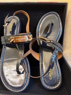 Coach Black Patent Leather T-Strap Sandals with Gold Plate